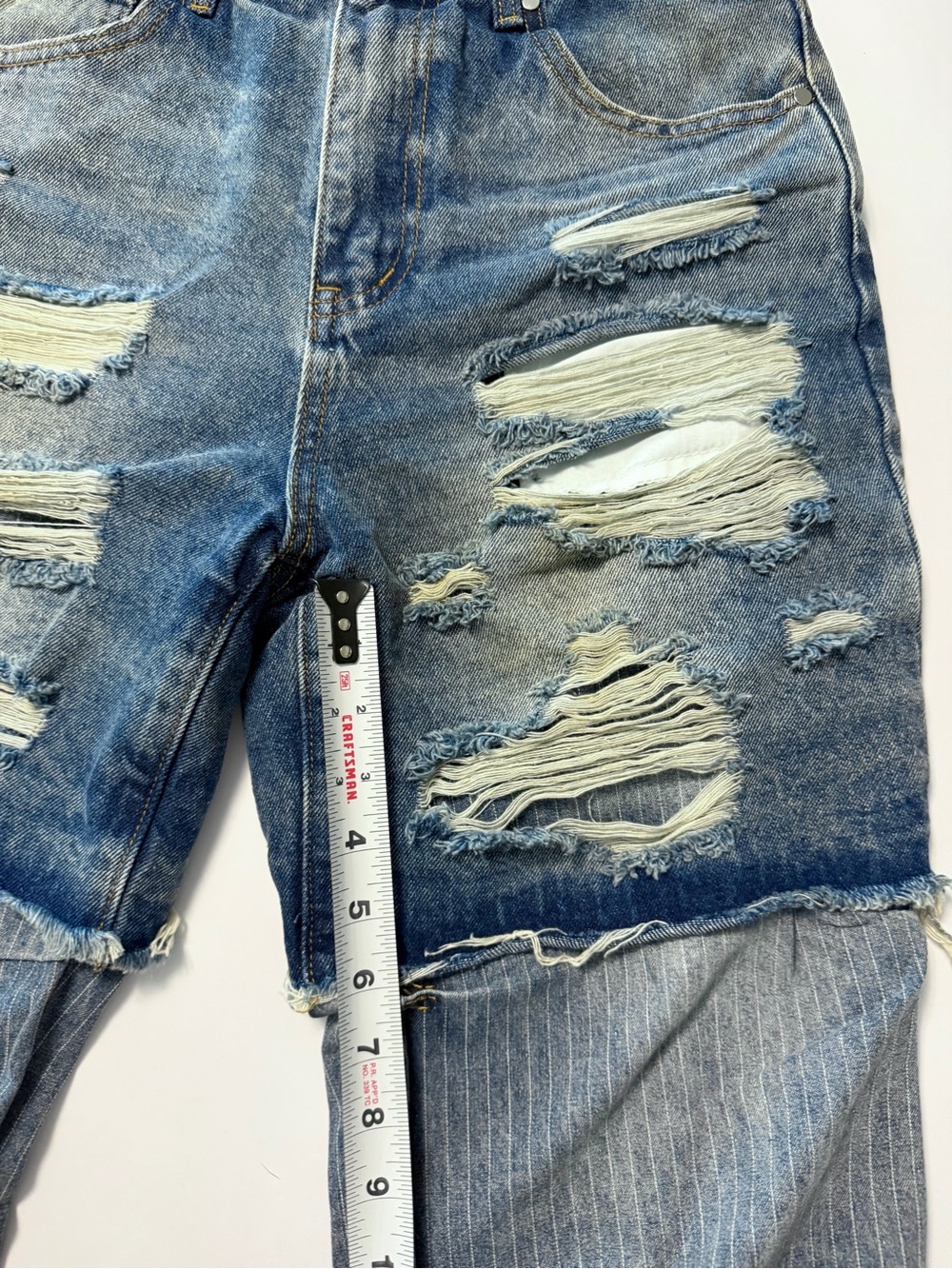 Aelfric Eden NWT size 30 distressed denim shorts over pinstripe flared pants - Picture 13 of 16